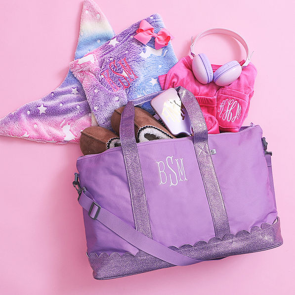 mermaid rainbow tail blanket with monogrammed weekend bag