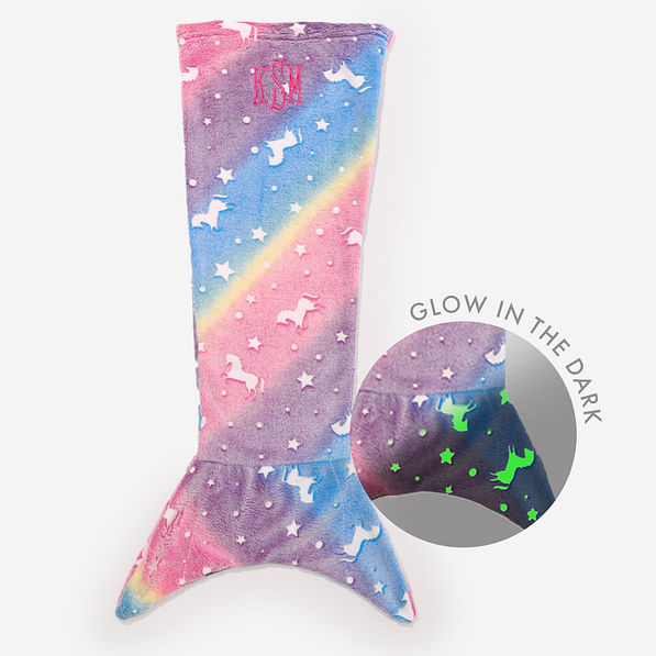 monogrammed mermaid tail blanket with glow in the dark swatch