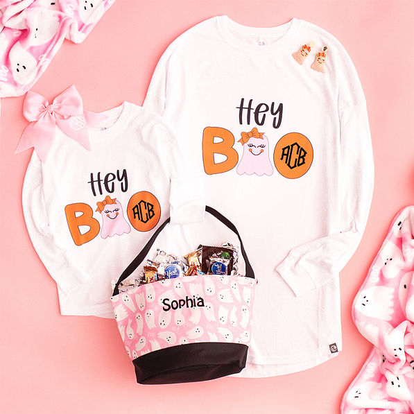 mom and me hey boo long sleeve shirts with halloween bag and ghostie blanket