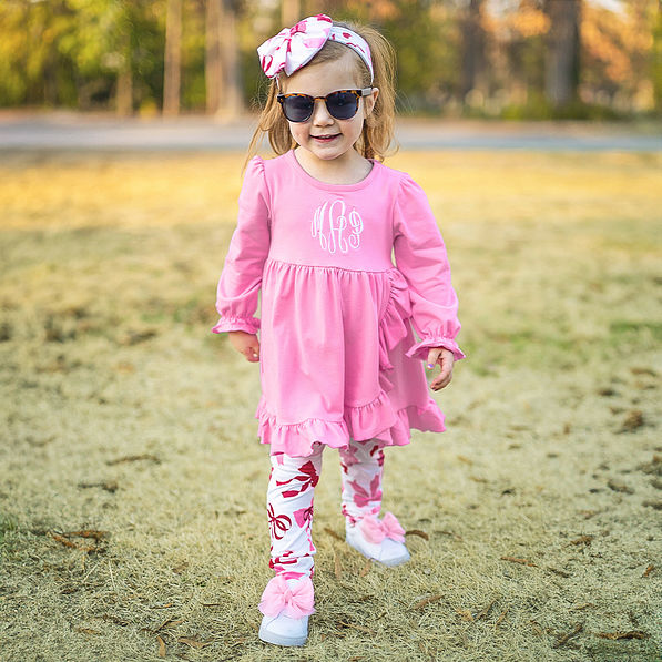 girl wearing pink bows personalized ruffle legging tunic set