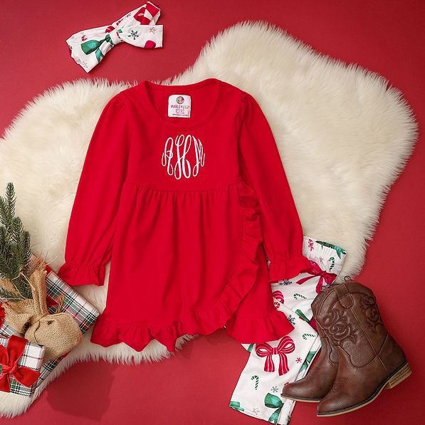personalized christmas girls ruffle tunic legging set with bow