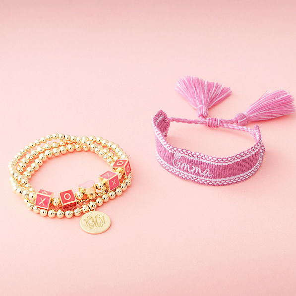 gold heart valentines bracelet with girls woven pink bracelet