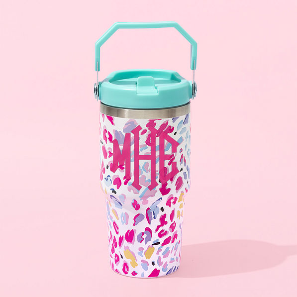 monogrammed kids tumbler in wild confetti with pink monogram
