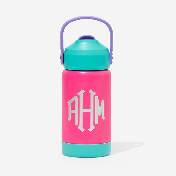 monogrammed kids flip straw water bottle in pink and mint