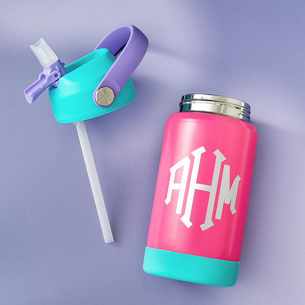 personalized pink and mint flip straw water bottle open