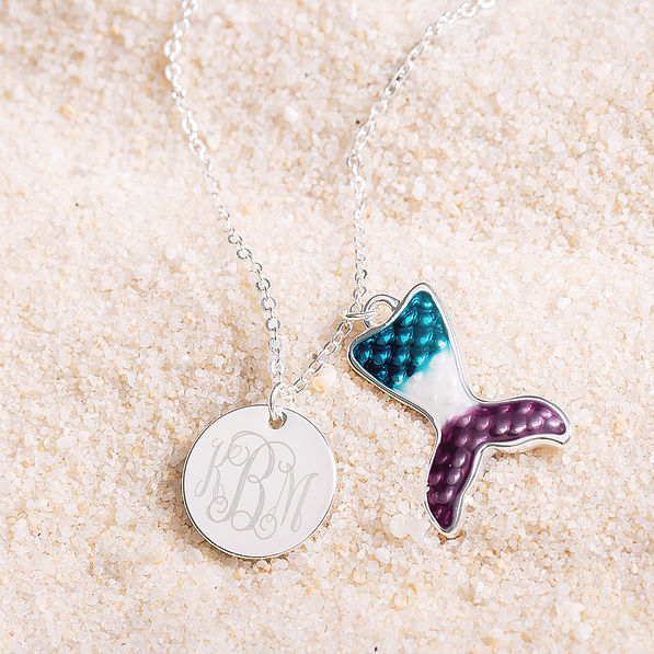 close up of monogrammed mermaid necklace
