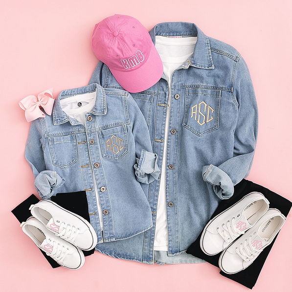mom and me monorgammed denim shackets outfits