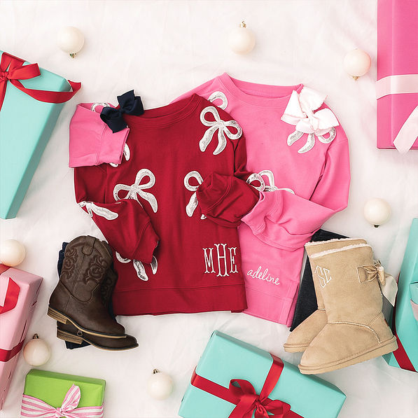 crimson and hot pink kids sequin bow sweatshirt flatlay