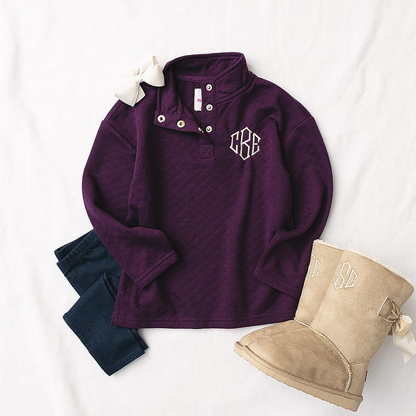kids plum quilted monogrammed pullover with boots ootd