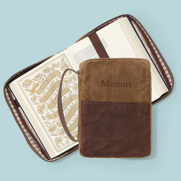 monogrammed brown bible carrier open closed