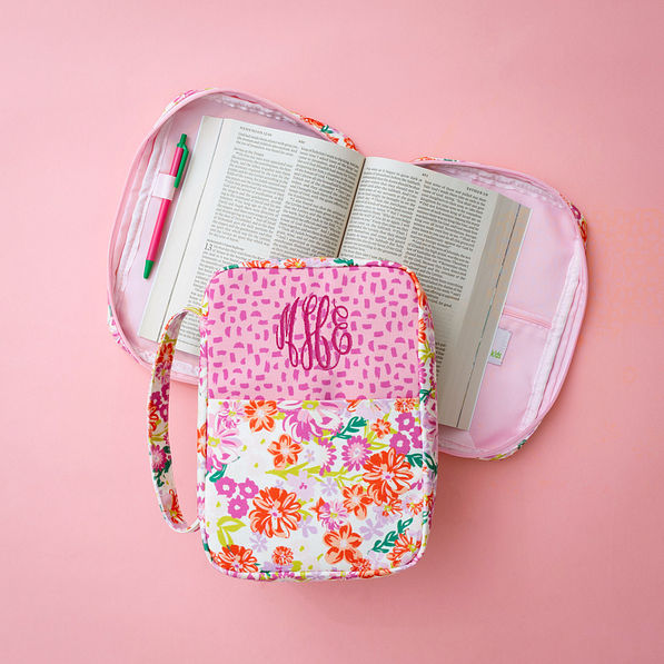 pink bible carrier with magenta monogram