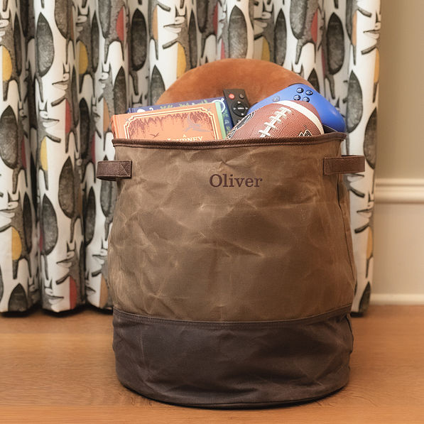kids waxed canvas storage basket in brown