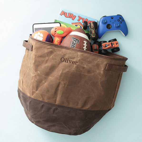 kids waxed canvas storage basket flatlay