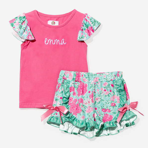 monogrammed girls ruffle short set in floral burst
