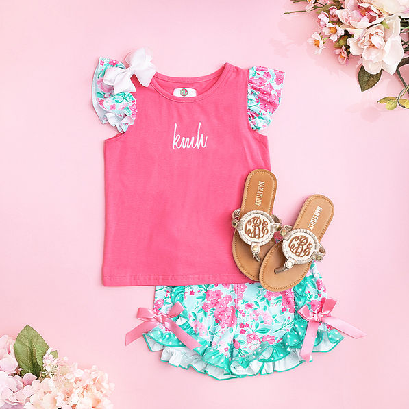 personalized girls ruffle short set with embroidered sandals