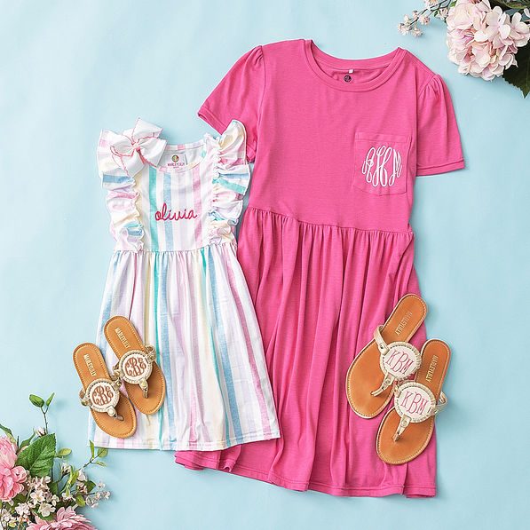 mom and me hot pink t shirt dress and girls ruffle knit dress in multi stripes