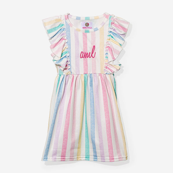 monogrammed girls ruffle knit dress in multi stripes