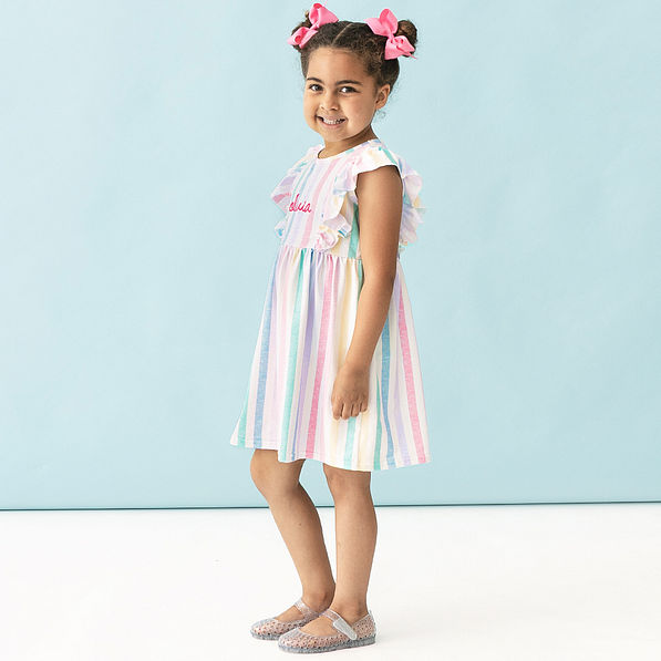 side of monogrammed girls ruffle knit dress in multi stripes