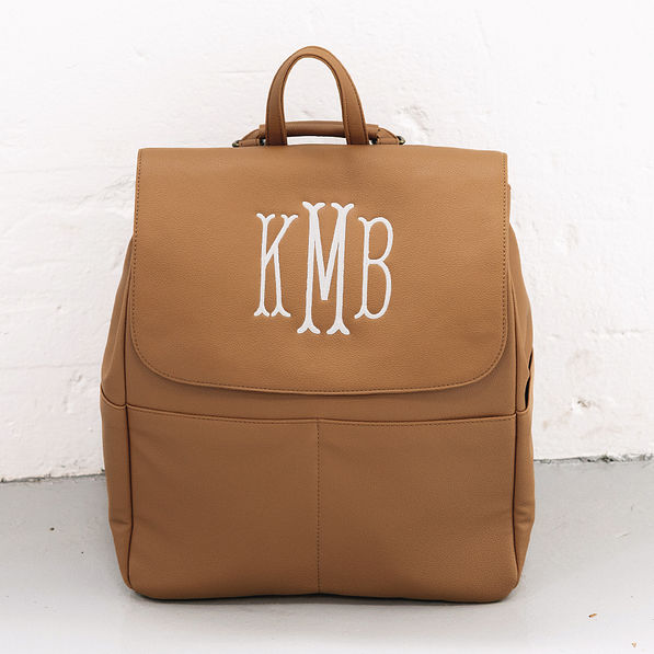 monogrammed diaper backpack purse on white background
