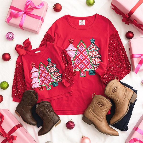 mom and me red christmas sweatshirt flatlay