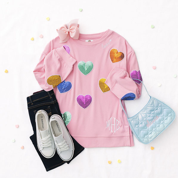 kids monogrammed sequin heart sweatshirt outfit