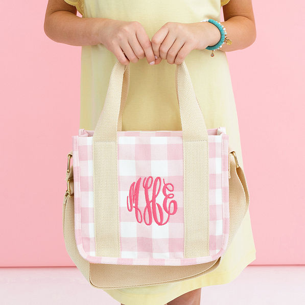 pink gingham girls tote bag in hands