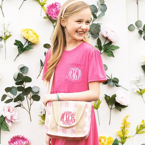 pink gingham girls tote bag with flower wall