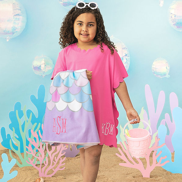 hot pink girls scalloped cover up with beach towel