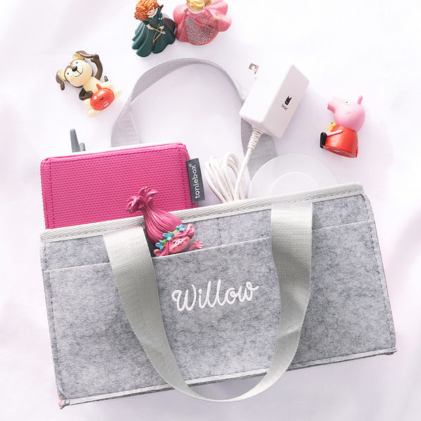 monogrammed kids storage toy box in pink and grey with tonies