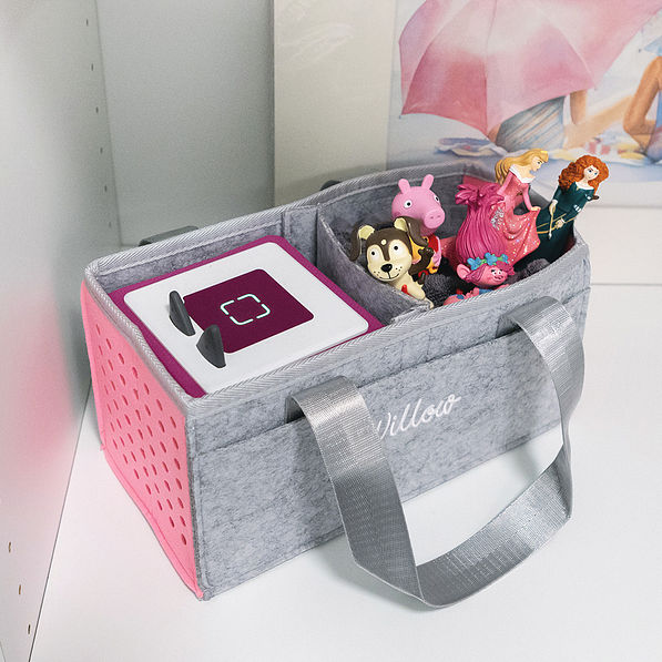 toys in monogrammed kids toy box in pink