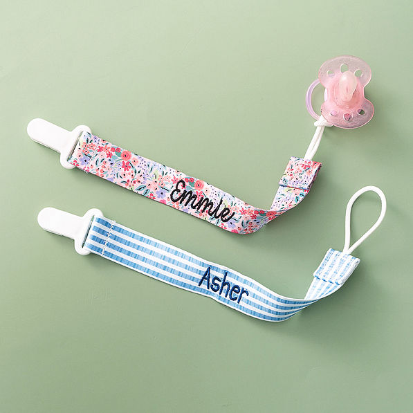 navy seersucker and coral floral monogrammed paci clips
