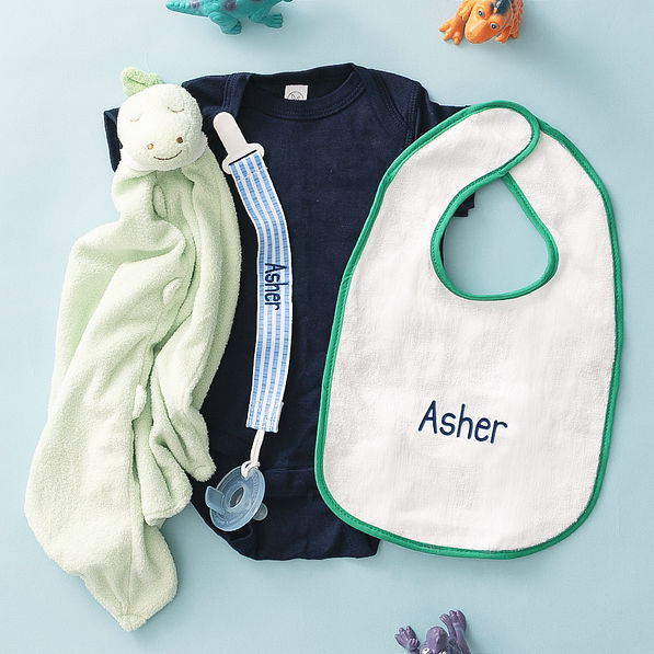 personalized paci clip in navy seersucker with bib and lovie