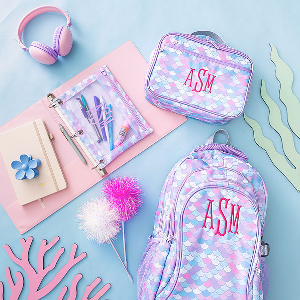 matching monogrammed binder pencil pouch backpack and lunchbox in mermaid magic