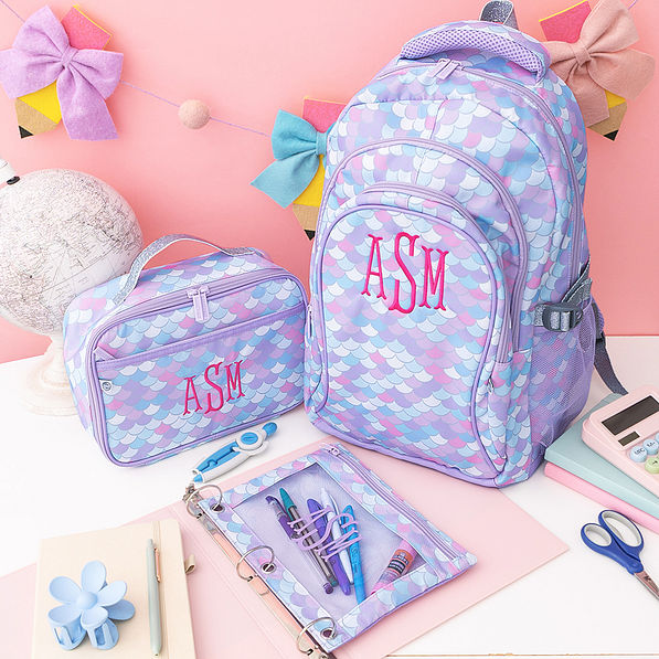 matching monogrammed binder pencil pouch backpack and lunch box in mermaid magic