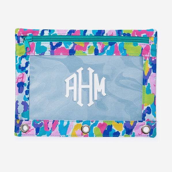 monogrammed binder pencil pouch in watercolor cheetah