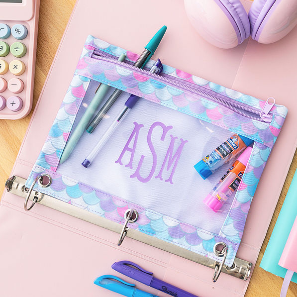 up close of mermaid magic monogrammed binder pencil pouch
