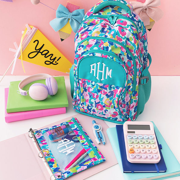 watercolor cheetah personalized backpack and binder pouch with school supplies