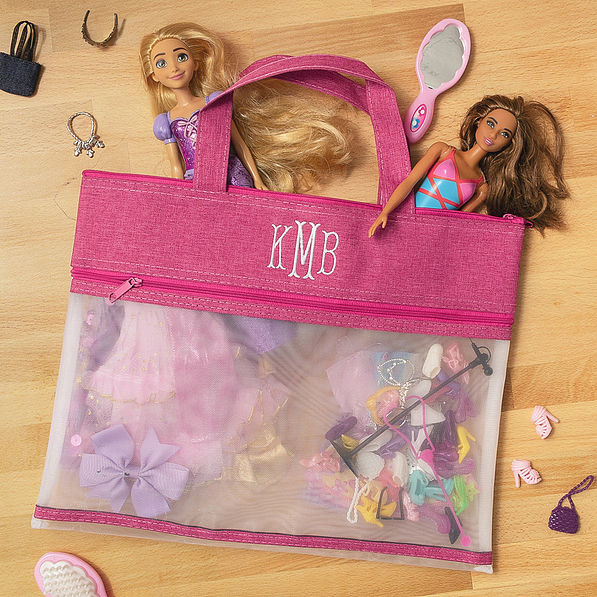 pink toy storage bag flatlay