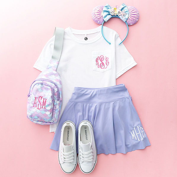 lavender girls twirl skort flatlay with white t-shirt