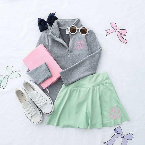 mint girls twirl skort flatlay with pullover sweatshirt