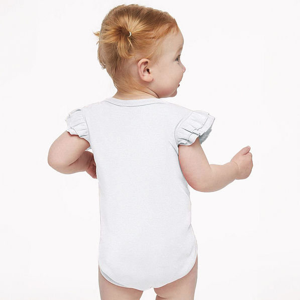 back of girl wearing monogrammed flutter sleeve bodysuit in white