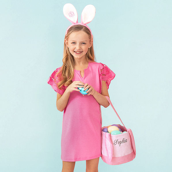 pink seersucker easter basket with flutter sleeve dress and bunny ears