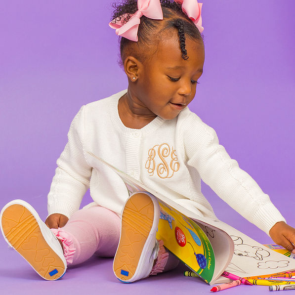 monogrammed baby swing cardigan with coloring book