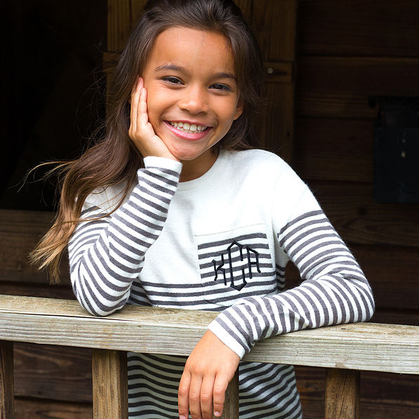 monogrammed girls gray and white stripe sweater tunic