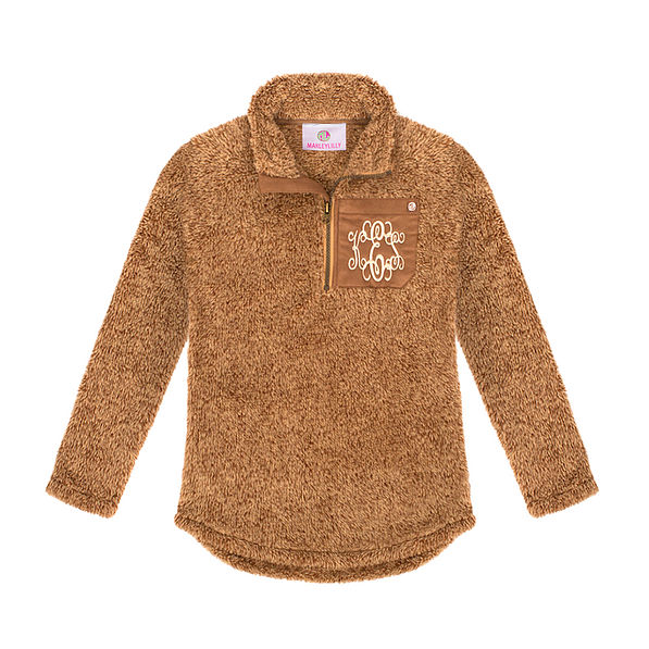 camel monogrammed youth sherpa pullover tunic in small camel monogrammed youth sherpa pullover tunic in small