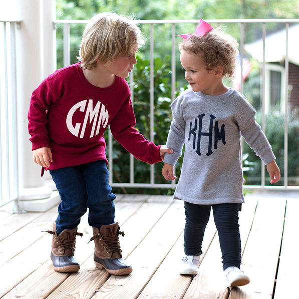 burgundy monogrammed youth crewneck sweatshirt in large