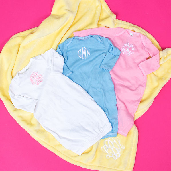 Personalized Baby Layette Gown on Yellow Blanket