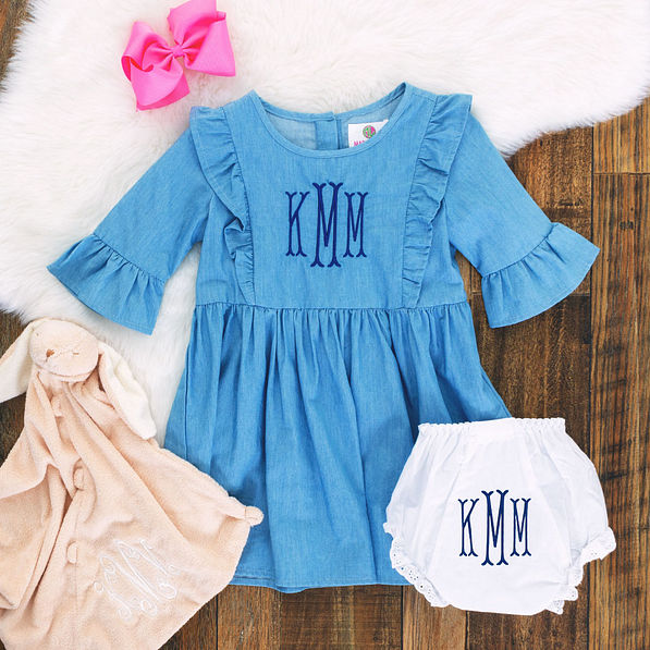 Monogram dress and monogram bloomers, monogram girls dress, buy monogram baby dress, tone on tone color monogram, flower girl monogram dress