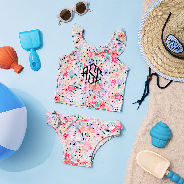 coral floral monogrammed tankini with seersucker straw hat