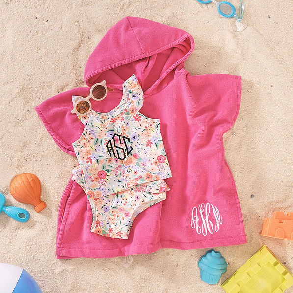 personalized toddler hooded towel poncho in hot pink with ruffle tankini